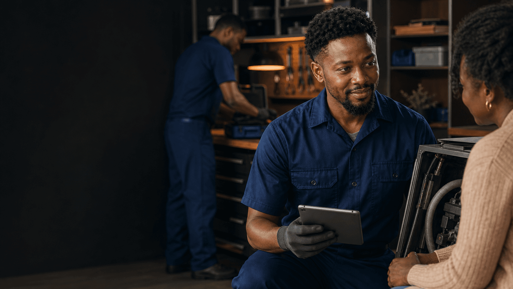 A local service-business owner helping a customer in a modern workshop
