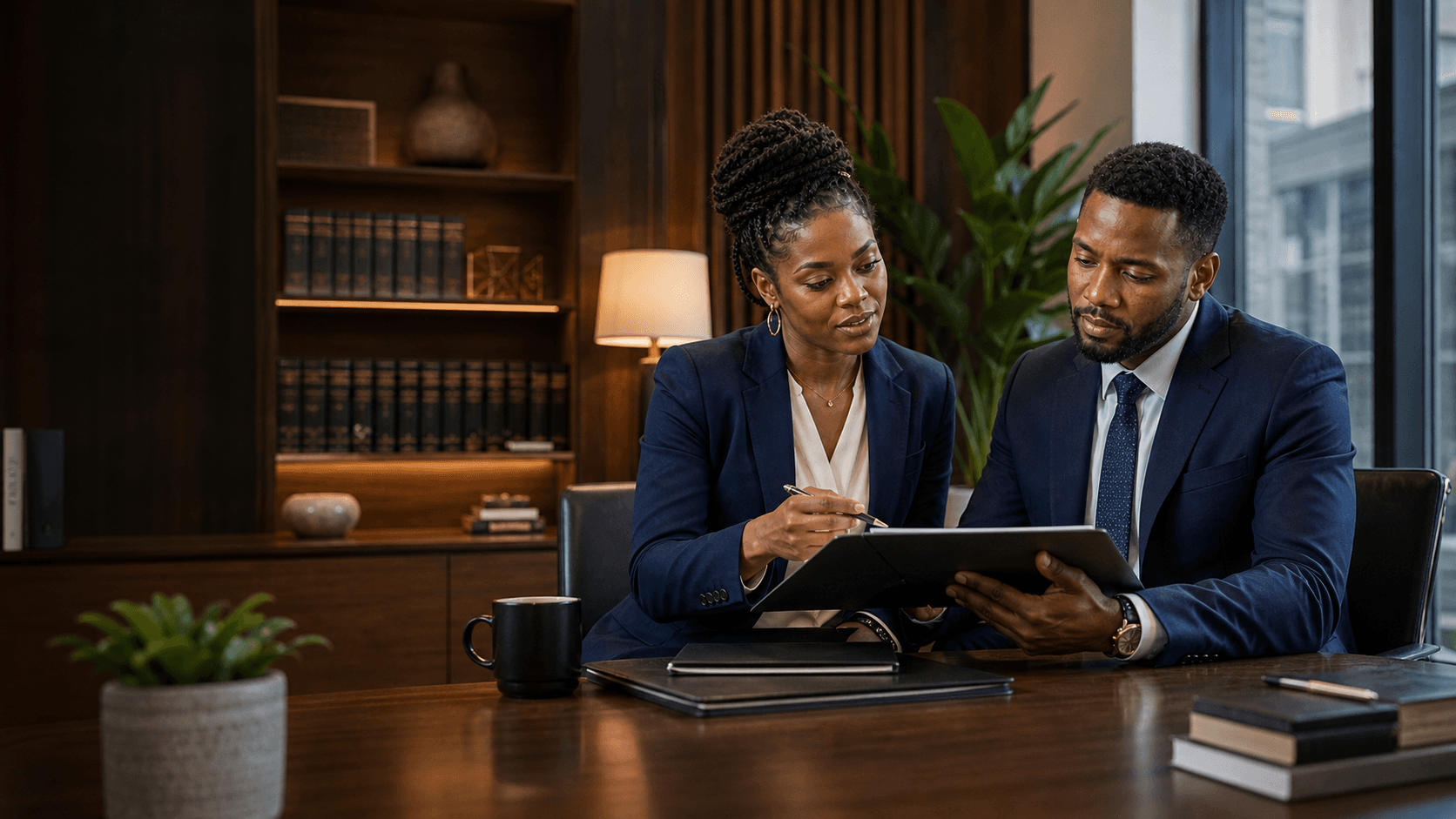 Two professional advisors reviewing a client intake in a modern office